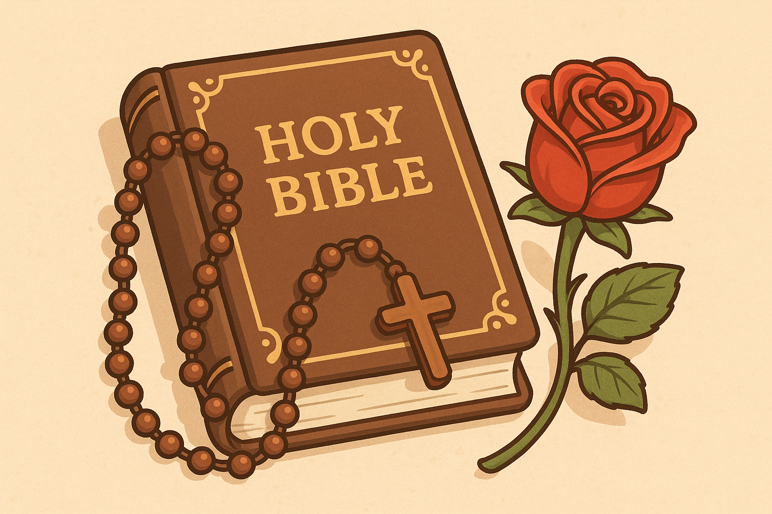 Cartooned bible and rosary with a rose