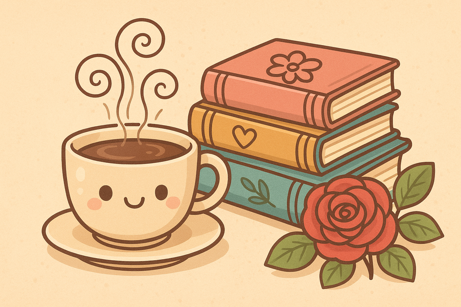 cartoon coffee and books with a rose